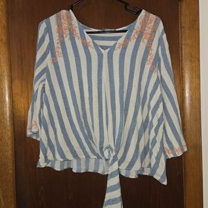 Absolutely Famous Blue and White Striped Tie-Front Blouse with Coral Embroidery